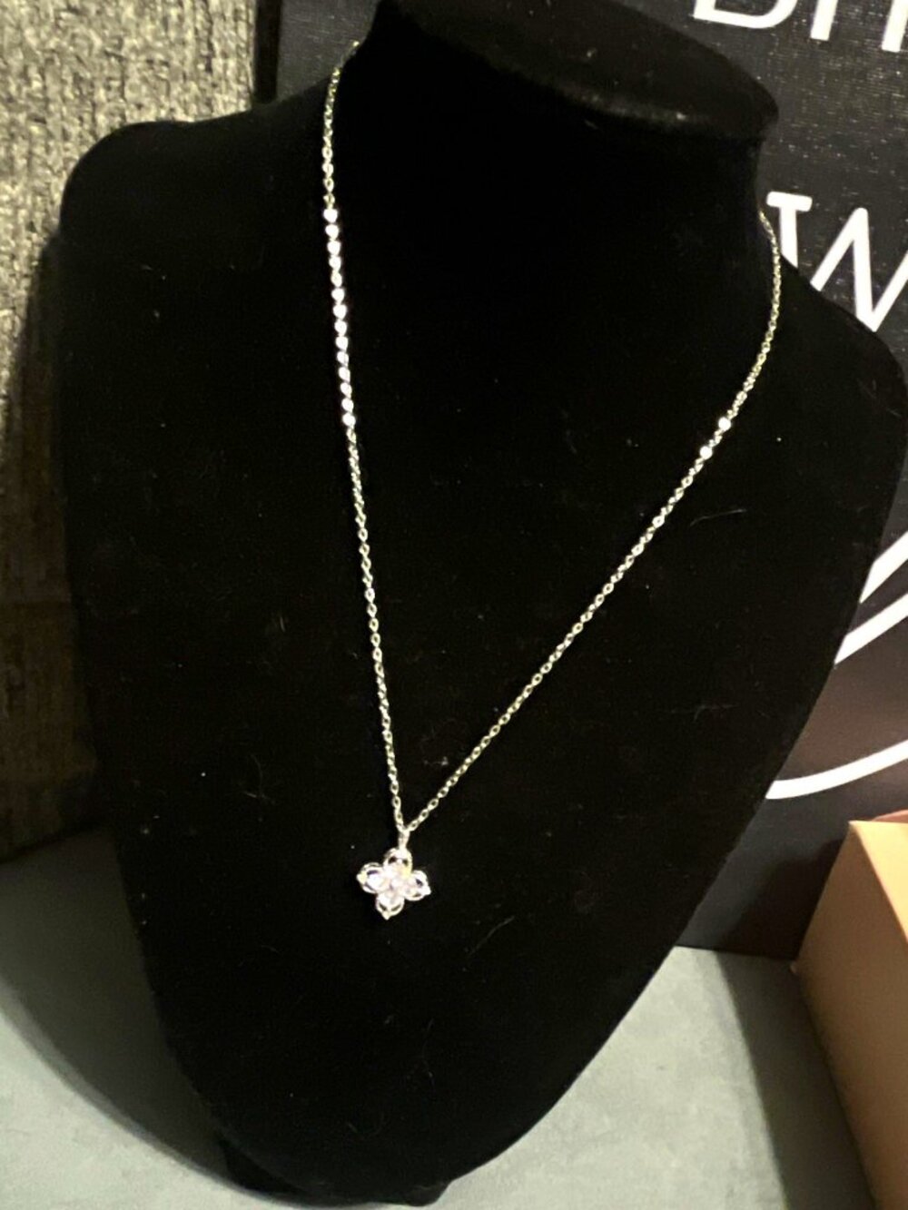 Silver Tone Cable Chain Necklace w/ White Crystal Heart Charm Pendant